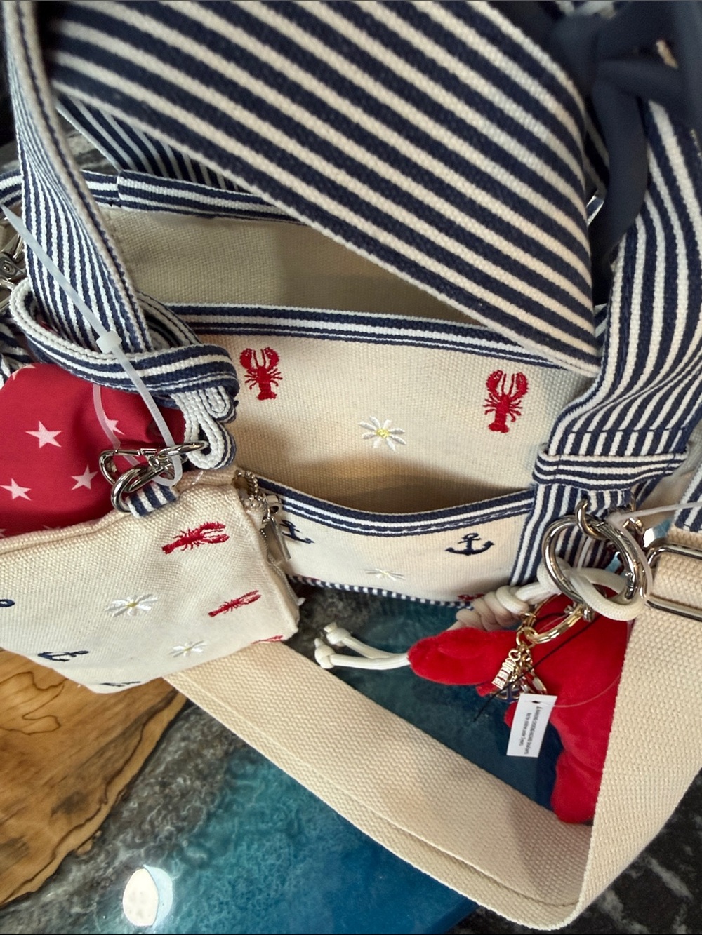 Adorable Nautical Canvas Handbag/Crossbody Bag with Red Lobster & Charms - Picture 9 of 10